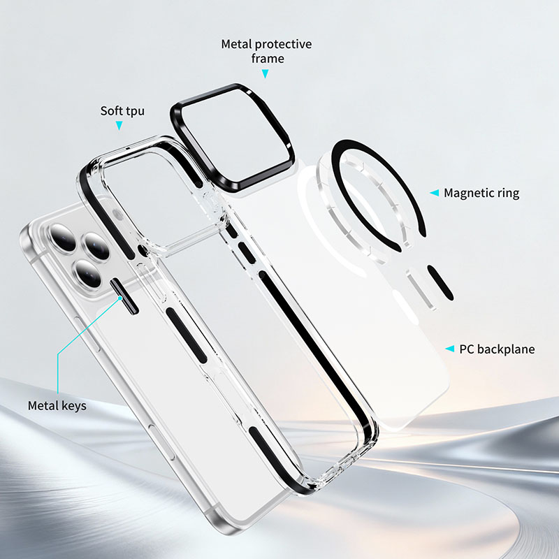Exploded view showing the soft TPU frame, polycarbonate backplate, magnetic ring, metal camera surround, and metal buttons