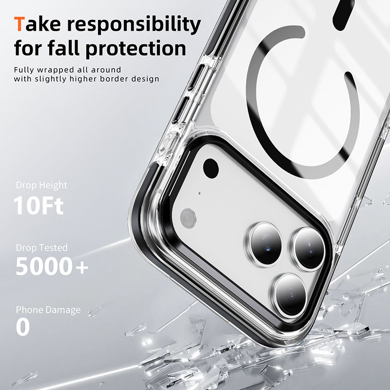 Clear Magnetic Case highlighting wraparound edge protection and the raised camera border