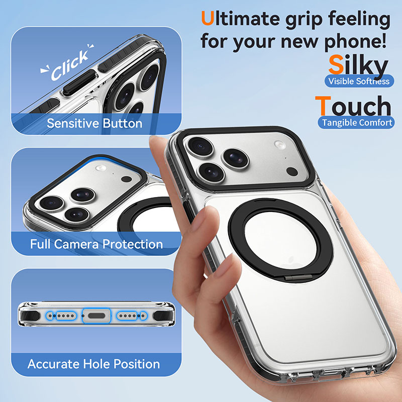 ClearSpin Stand Case showing comfortable grip, responsive button covers, raised camera surround, and precise port openings