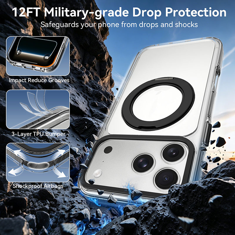 ClearSpin Stand Case protection diagram showing impact-reducing grooves, a three-layer TPU bumper, and corner air cushions