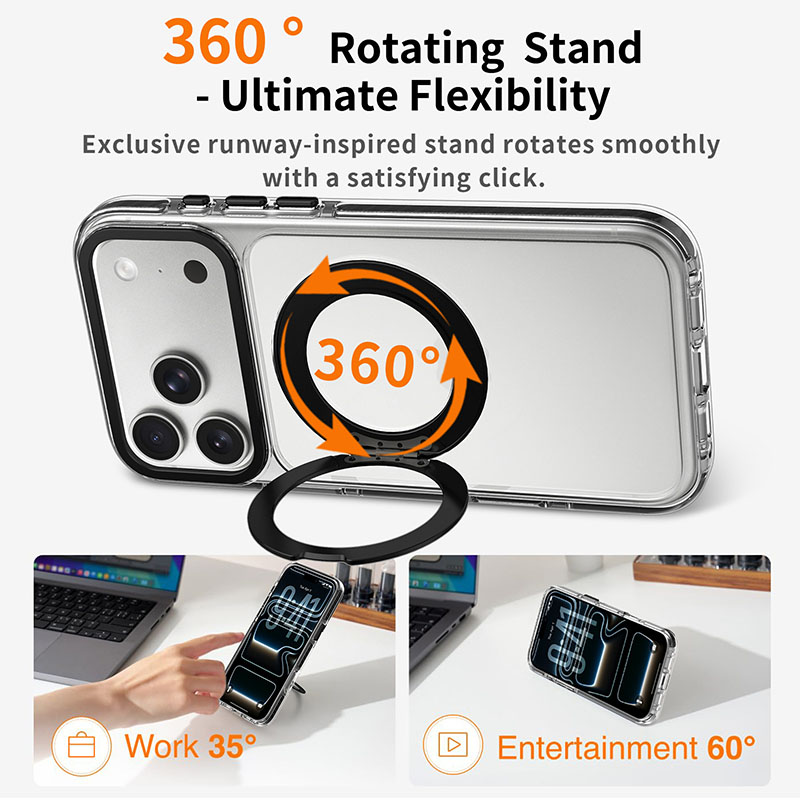 360-degree rotating ring stand with portrait viewing for work and landscape viewing for entertainment